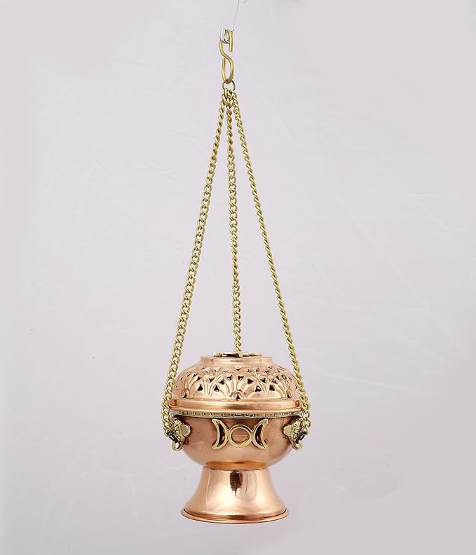 Indian Consigners Copper Altar Incense Charcoal Burner Holder with Chain (Triple Moon)