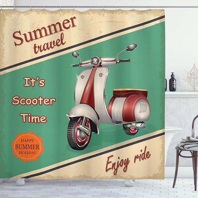 Ambesonne Vintage Shower Curtain, Scooter Motorbike Summer Travel Italian City Sight Hipster Enjoy Ride Illustration, Cloth Fabric Bathroom Decor Set with Hooks, 69" W x 70" L, Eggshell Teal Apricot