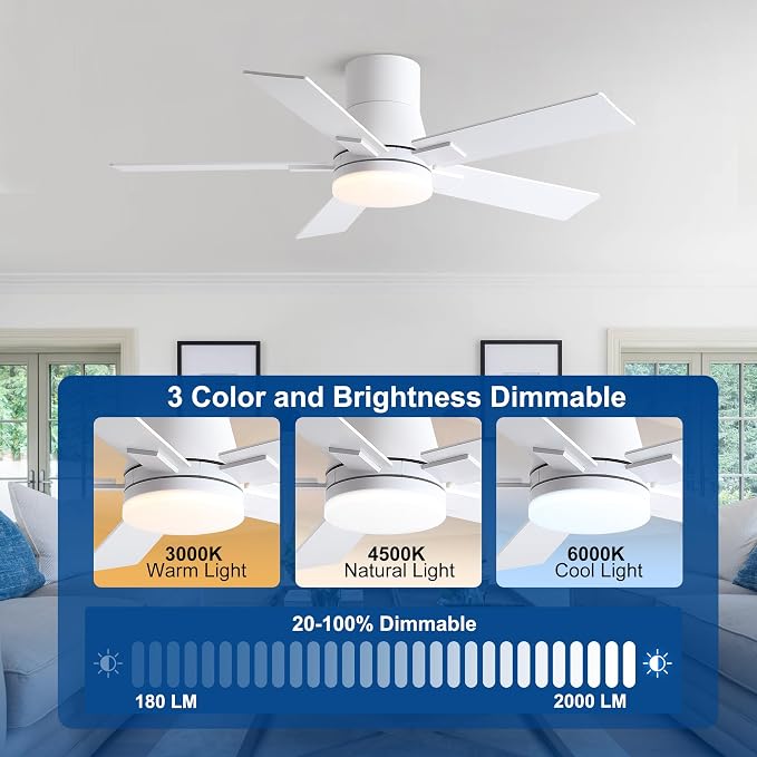Rayqueen 42 Inch Flush Mount White Ceiling Fans with Lights and Remote | 6 Speed Reversible DC motor,3-color temperature dimmable LED.For indoor/covered outdoor.Modern style for bedroom room