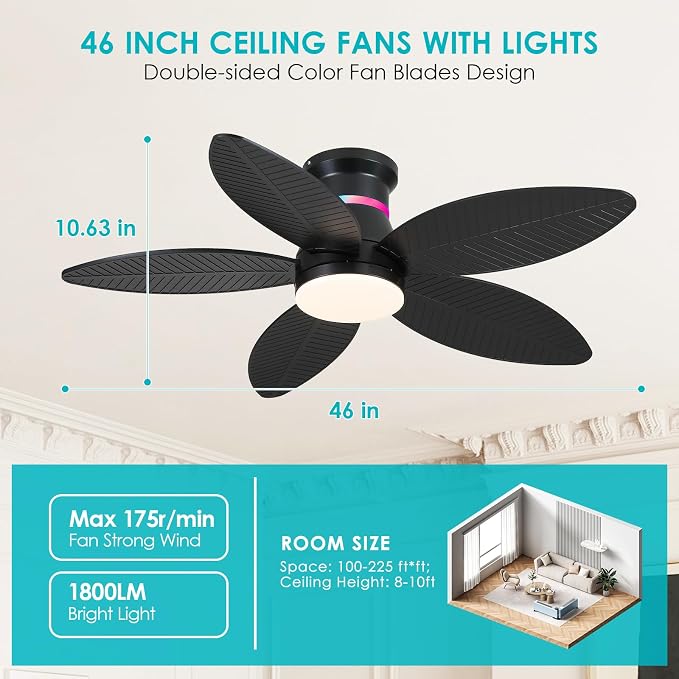 Surtime 46" Black Ceiling Fans with RGB Lights - Flush Mount Ceiling Fan Light with LED 3CCT Dimmable, Tropical Palm Leaf Ceiling Fans for Indoor Party,Covered Outdoor