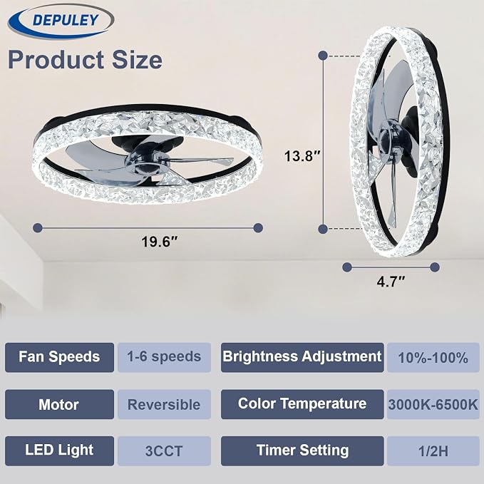Depuley Bladeless Ceiling Fans with Lights: Full Package 20" Black Modern Low Profile Flush Mount Ceiling Fan with App&Remote - Bedroom Enclosed Crystal Fandelier for Apartment Loft Kitchen