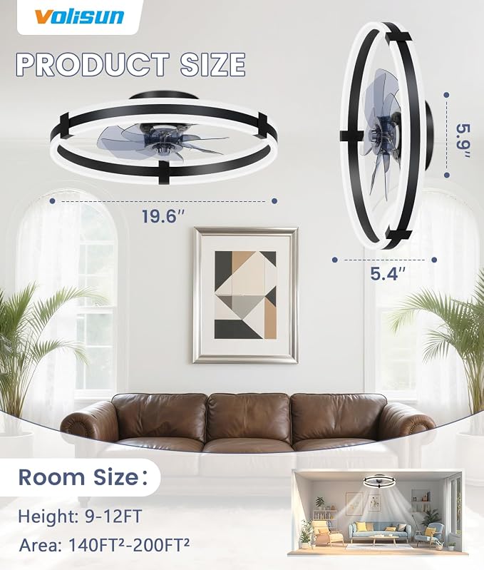 VOLISUN Ceiling Fans with Lights and Remote, 19.7in Low Profile Ceiling Fans with Light, 3000K-6500K Dimmable Fandelier Ceiling Fan, Black Flush Mount Ceiling Fan for Bedroom