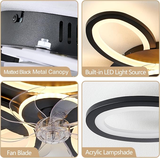 Black-Star Ring Ceiling Fans with Lights and Remote, 27 Inch Modern Low Profile Flush Mount Ceiling Fan, Dimmable LED Ceiling Light Fixture, Small Ceiling Fans for Bedroom, Kitchen, Indoor-Black
