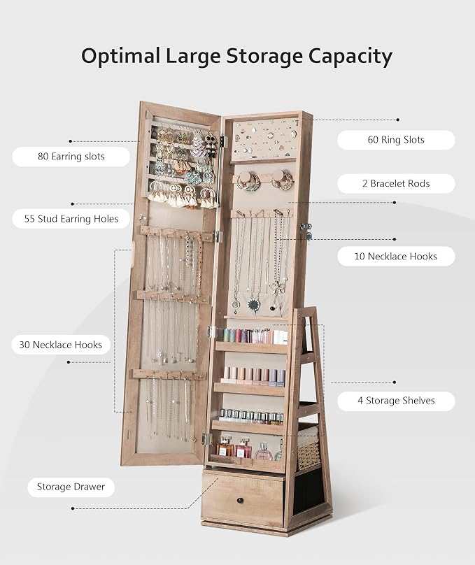Nicetree 360°Swivel Jewelry Cabinet, Rotatable Full Length Mirror with Jewelry Storage, Standing Jewelry Armoire Organizer, Lockable Jewelry Organizer with 3 Rear Shelves, Bottom Drawer, Oak