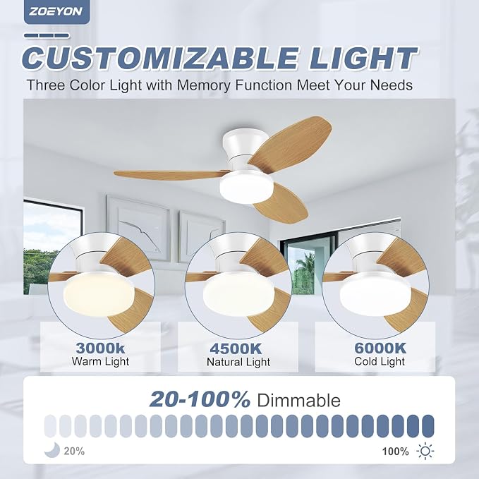 Small White&Wood Ceiling Fan with Light - 35 Inch Flush Mount Ceiling Fan with Lights and Remote, Low Profile Ceiling Fans with 3 Reversible Blades, 6 Speeds, Ceiling Fans for Bedroom Kitchen