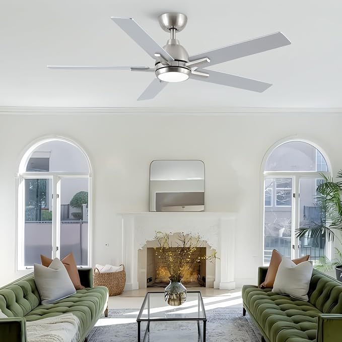 52 Inch Downrod Brushed Nickel Ceiling Fan with Light & Remote, ETL Listed | 6 Speed, Quiet DC Motor, 3-Level Timer Function, 3 Color Temperature, Forward/Reserve For all Seasons, Indoor/Covered Outdoor