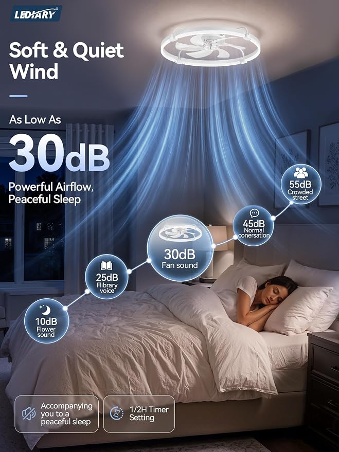 LEDIARY 26" Ceiling Fans with Lights and Remote, Low Profile,Large, White | 3000K-6000K Stepless Dimmable Fandelier, Reversible DC Motor, Remote and APP Control, Bedroom Kitchen Living Room Fan Light
