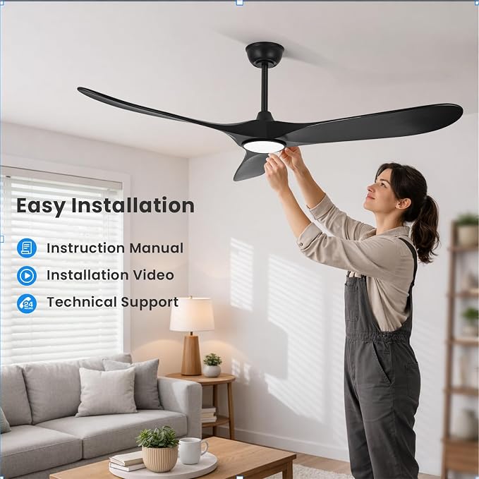 heimo 72 Inch Black Ceiling Fan with Light and Remote, Wood Outdoor Ceiling Fans with Lights Dimmable for Bedroom Living Room Patios Proch Office Rustic Extra Large High Cfm Exterior Fan