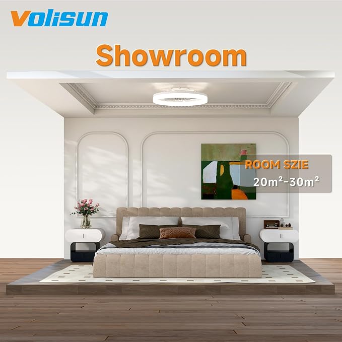 VOLISUN Low Profile Ceiling Fans with Lights and Remote, 23.6in Fandelier Ceiling Fan with Light, 3000K-6500K Dimmable Bladeless LED Fan Light, White Flush Mount Ceiling Fans with Lights for Bedroom