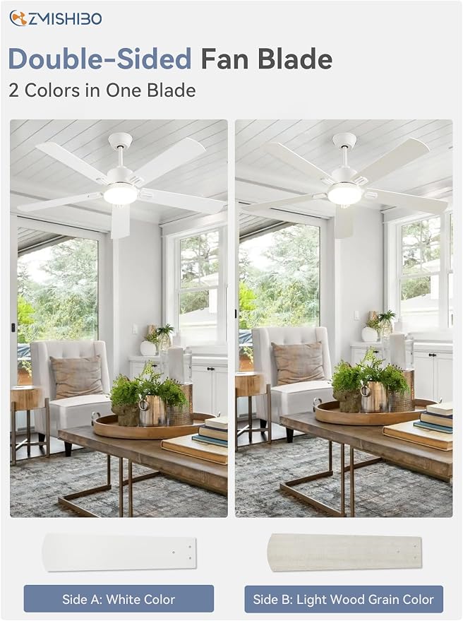 ZMISHIBO 2 Pack 52" Ceiling Fans with Lights, White Modern Ceiling Fan with Remote & App Control, Bedroom Indoor Fan with Dual Finish Blades, Quiet & Strong Motor, 24W Dimmable Bright LED Light.