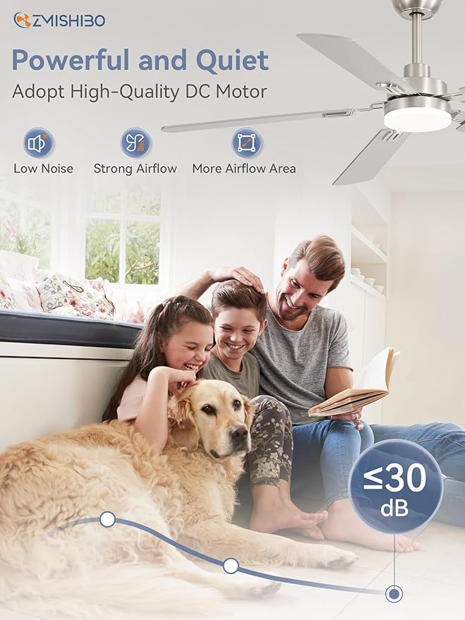 ZMISHIBO 52" Ceiling Fans with Lights, Nickel Modern Ceiling Fan with Remote & App Control, Bedroom Indoor Ceiling Fan with Dual Finish Blades, Quiet & Strong Motor, 24W Dimmable Bright LED Light.
