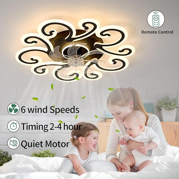 Black Flower Modern Ceiling Fans with Lights, Low Profile Ceiling Fan with Remote for Bedroom, Flush Mount Ceiling Fan with LED Dimmable Light,6-Speeds, Timing CeilingFan Light-yun