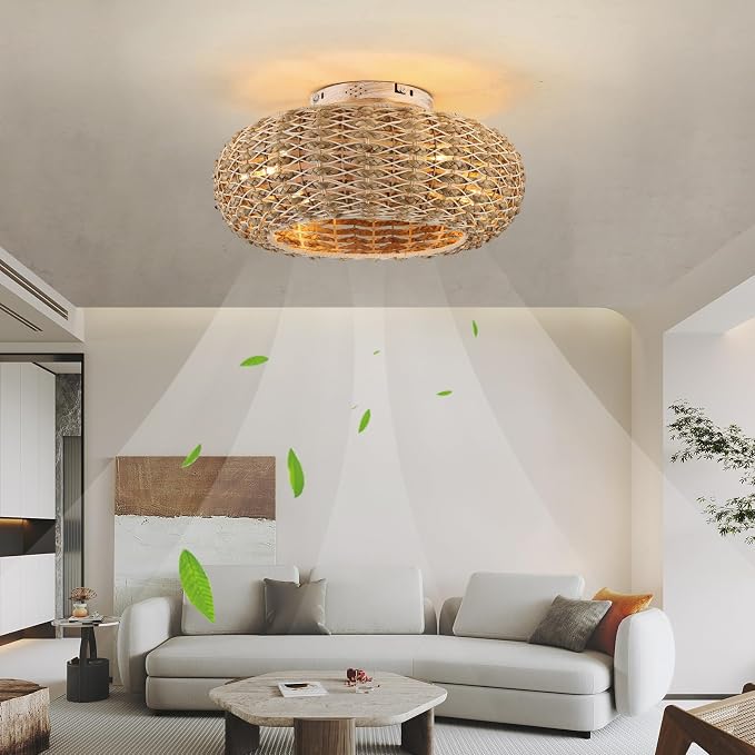 Boho Caged Ceiling Fans with Lights Flush Mount,Low Profile Ceiling Fan with Remote and APP,20 Inch Rattan Fan for Bedroom,6 Speeds Reversible Silent Fandalier (4 LED Bulb Include)…