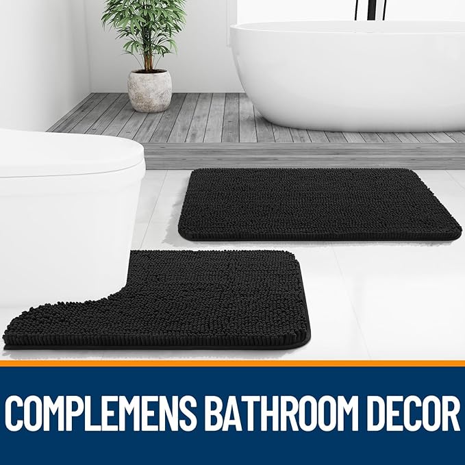 OLANLY Toilet Rugs U-Shaped 24x24, Extra Soft Absorbent Chenille Contour Bathroom Rugs for Toilet, Dry Quickly, Machine Washable, Non-Slip Bath Mat, Black