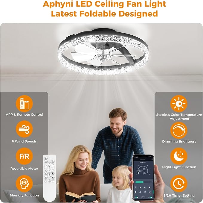 Ceiling Fans with Lights and Remote, Low Profile Ceiling Fan, Morden Flush Mount LED Fan Light, 3000K-6500K Dimmable for Bedroom, Kitchen, Living Room, Srystal, Black