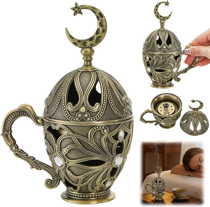 Frankincense Resin Incense Burner, Metal Charcoal Incense Censer with Handle, Vintage Bakhoor Herb Burner, Cone Coil Holder for Yoga Spa Aromatherapy Meditation, Decor for Home Office, Bronze