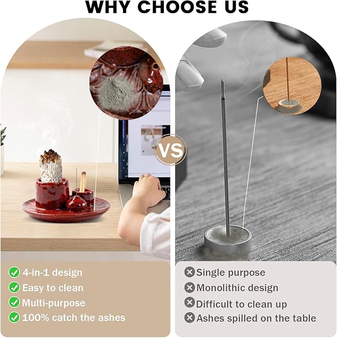 4 in 1 Palo Santo Holder, Ceramic Incense Holder, Sage Holder, Smudge Bowl, Palo Santo Burner, Incense and Candle Holder for Burning Sage for Smudge Meditation Yoga (Red)