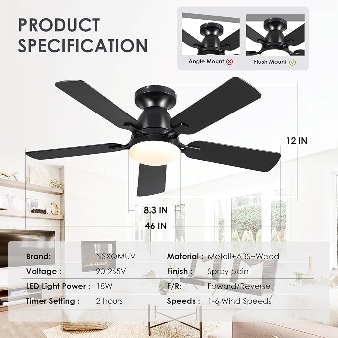 46 Inch Ceiling Fans with Lights and Remote, Flush Mount, Black | Low Profile, Dimmable LED, Reversible, Quiet DC Motor, Wooden Blades, for Modern Apartment Bedroom Home Office Living Room