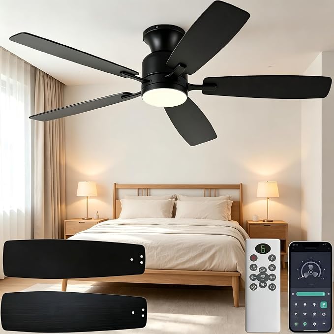 KNUN 52 Inch Ceiling Fans with Lights,ceiling fans with lights and remote， 3CCT Dimmable, Double-Sided Blades, Reversible Motor, (Black)