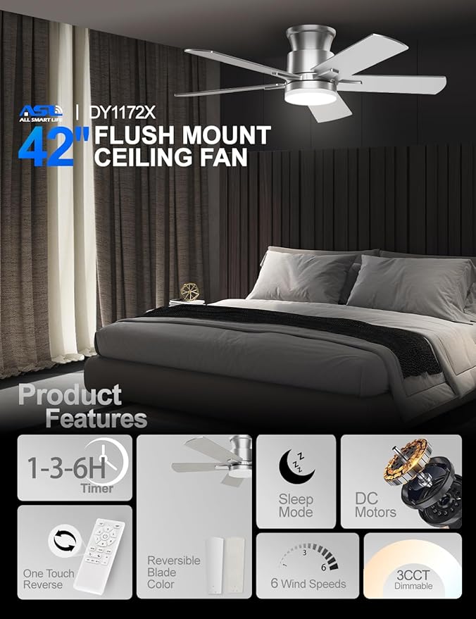 Flush Mount Ceiling Fans with Lights 42 Inch, Remote Control, 3CCT Dimmable, 6 Speeds, Noiseless Reversible DC Motor, Low Profile Silver Nickel Ceiling Fan for Living Room, Patio, Indoor/Outdoor, ETL