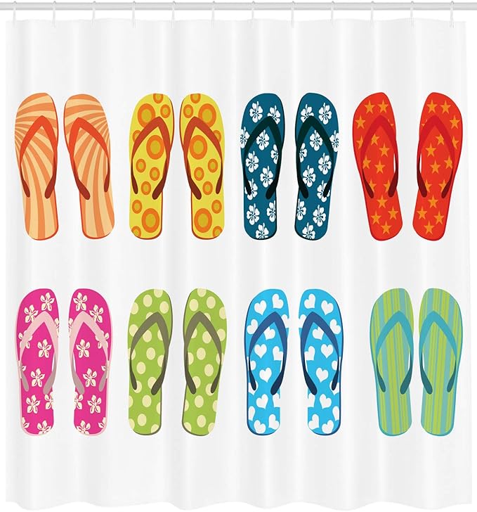 Ambesonne Summer Shower Curtain, Holiday Themed Slippers with Hearts Dots and Stars Pattern Cartoon Illustration, Cloth Fabric Bathroom Decor Set with Hooks, 69" W x 75" L, Yellow Green White