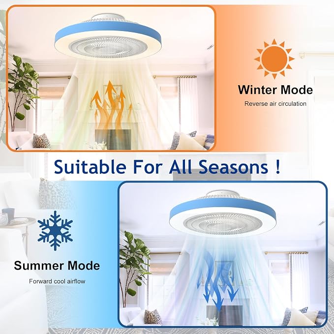 Depuley Modern Ceiling Fan with Light: 19" LED Flush Mount Low Profile Ceiling Fans with Remote & Smart APP Control - Blue Bladeless Fandelier Dimmable Quiet DC Motor for Bedroom Kids Room 6 Speeds