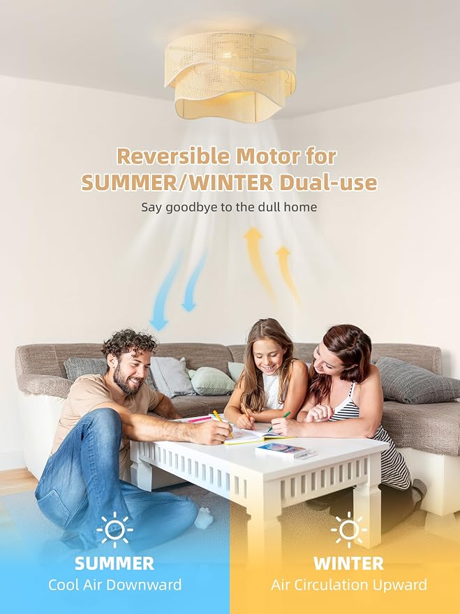 Flush Mount Ceiling Fan with Lights, 20" Low Profile Boho Ceiling Fan with Light Remote Control, Caged Rattan with 6 Speeds for Bedroom, Nursery, Living Room