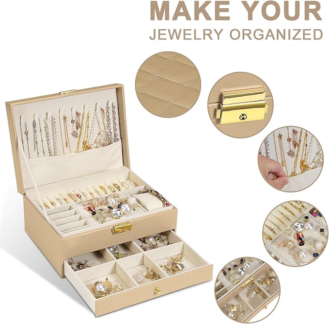 GUOER Jewelry Box for Women Girls, Two Layers Jewelry Organizer (Champagne) | Vintage Quilting Stitching PU Leather, Earrings Bracelets Rings Necklace Watches Storage Large Jewellery Holder Case Gifts
