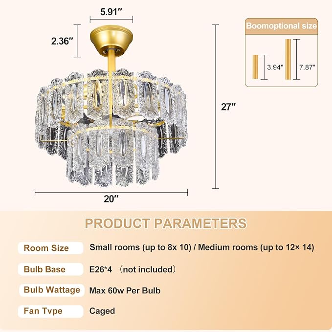 Depuley Bedroom Ceiling Fan with Lights: 20" Gold Chandelier Small Fan with Remote Control - Modern Crystal Fandelier for Girl's Bedroom Living Room Nursery (E26 Bulbs Not Included)