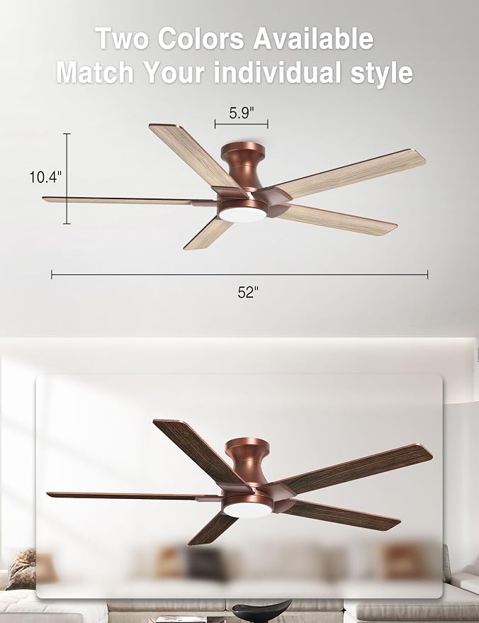 DAMINY 52 inch Brown Ceiling Fans with Lights,5 Blades,3CCT, Low Profile,Remote Control,for Bedroom, Kitchen,Living Room,Indoor/Outdoor Use,Flush Mount