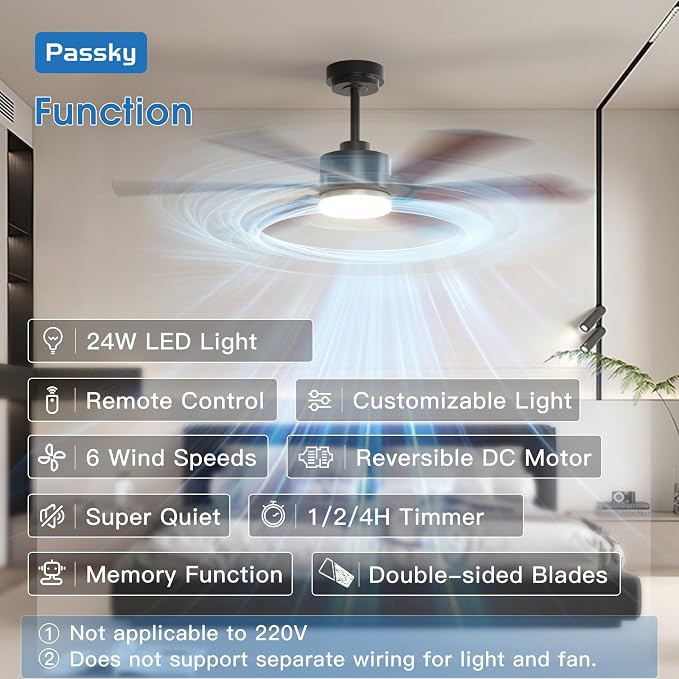 Passky Ceiling Fans with Lights, 52 inch Ceiling Fan with Light and Remote Control, 3CCT, Dimmable, Reversible, Noiseless, Black Contemporary Ceiling Fan for Bedroom, Living Room