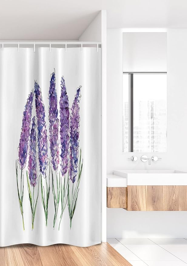 Ambesonne Watercolor Flower Stall Shower Curtain, Illustration of Lavender Flowers Fresh Colors Mint Family Plant, Fabric Bathroom Decor Set with Hooks, 36" W x 72" L, Violet White