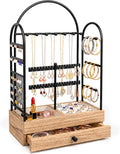 Jewelry Holder, Jewelry Storage Organizer Stand with Velvet Tray & Drawer, Earring Holder & Necklace Display, Multi-section Storage for Necklace, Earrings, Rings, Bracelets, Watches, Gift Idea