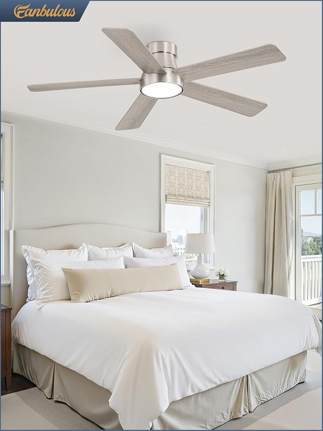 48 Inch Ceiling Fans with Lights and Remote,Outdoor Indoor Modern Flush Mount Ceiling Fan with 3CCT 6-Speed Quiet DC Motor,Small Low Profile Ceiling Fan for Bedroom Living Room Office(Nickel)