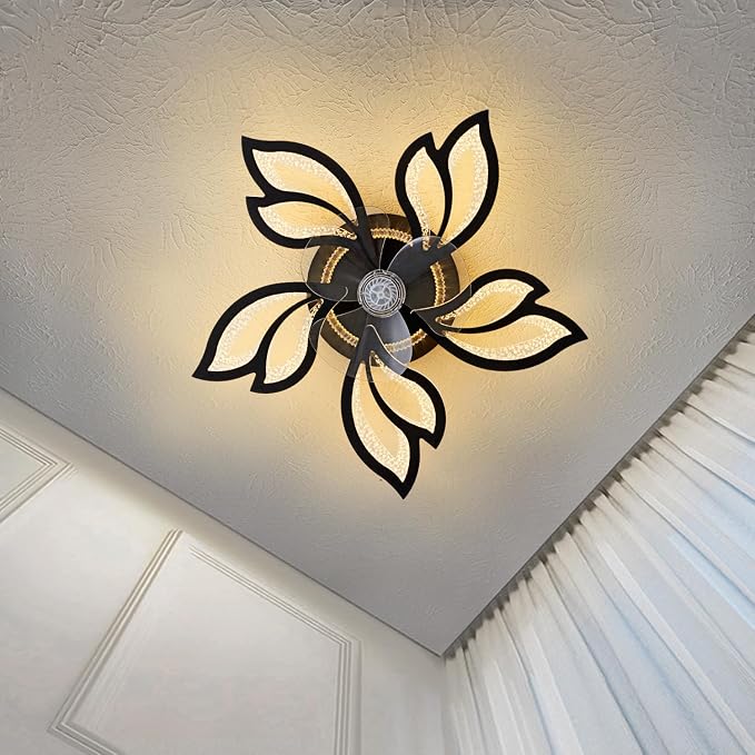 25" Black Geometric Ceiling Fan with Lights and Remote Control, 3 Light Color 6 Speeds Flush Mount Low Profile Ceiling Fan for Bedroom Kitchen
