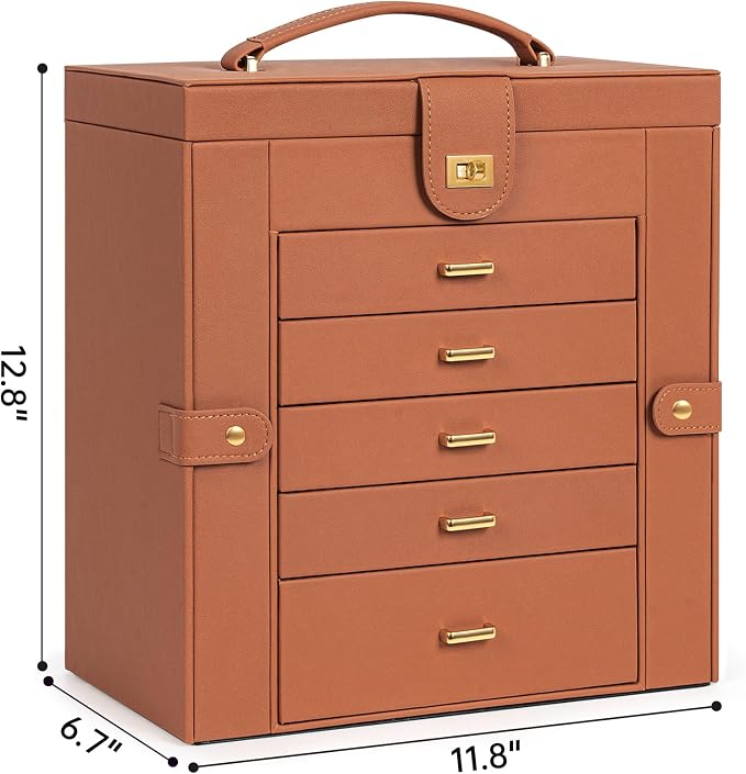 AKOZLIN 6-Tier Jewelry Box Organizer Functional 5 Drawers Leather Jewelry Storage Case for Women Girls Ring Necklace Earring Bracelet Holder Organizer with Mirror Extra Large Orange