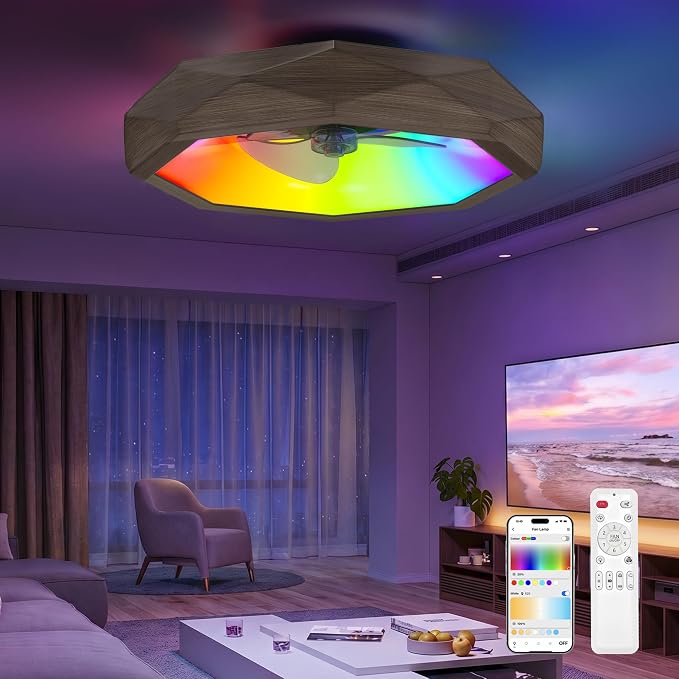RGB Ceiling Fans with Lights and Remote, Modern Smart LED Ceiling Fans Light, 6 Speeds & 3000K-6500K Dimmable, Quiet Bladeless Fandelier Ceiling Fan with Light for Bedroom (22In,Walnut Wood)