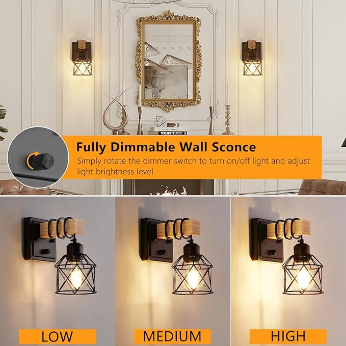 FadimiKoo Farmhouse Wall Sconces 4 Pack, Bedside Wall Lamps with Dimmer ON/Off Switch, Black Wall Light Fixtures with Metal Cage, Rustic Wooden Sconces Wall Lighting for Living Room, Hallway, Bathroom