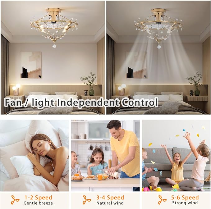 Ganeed 23.6 Inch Gold Crystal Fandelier Ceiling Fan with Light, Chandelier Ceiling Fan with Lights Remote Control, Modern Crystal Fandelier 6 Speeds for Girl's Bedroom Nursery Living Room Kitchen