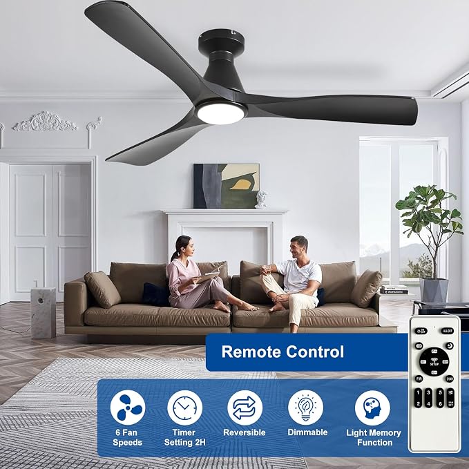 Depuley 52-Inch Ceiling Fans with Lights: Black 3 Blade Flush Mount Low Profile Ceiling Fan for Bedroom - Dimmable Indoor Outdoor Fan with Remote Control Ultra Quiet DC Motor Timer