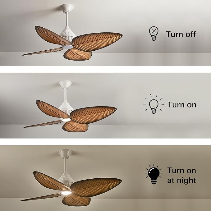 52"Tropical Ceiling Fans with Lights, Indoor Palm Leaf Ceiling Fan with Light and Remote for Living Room Bedroom, ABS Blades, Dimmable LED Lights, 6 Speeds, Adjustable Height-Light Wood Grain