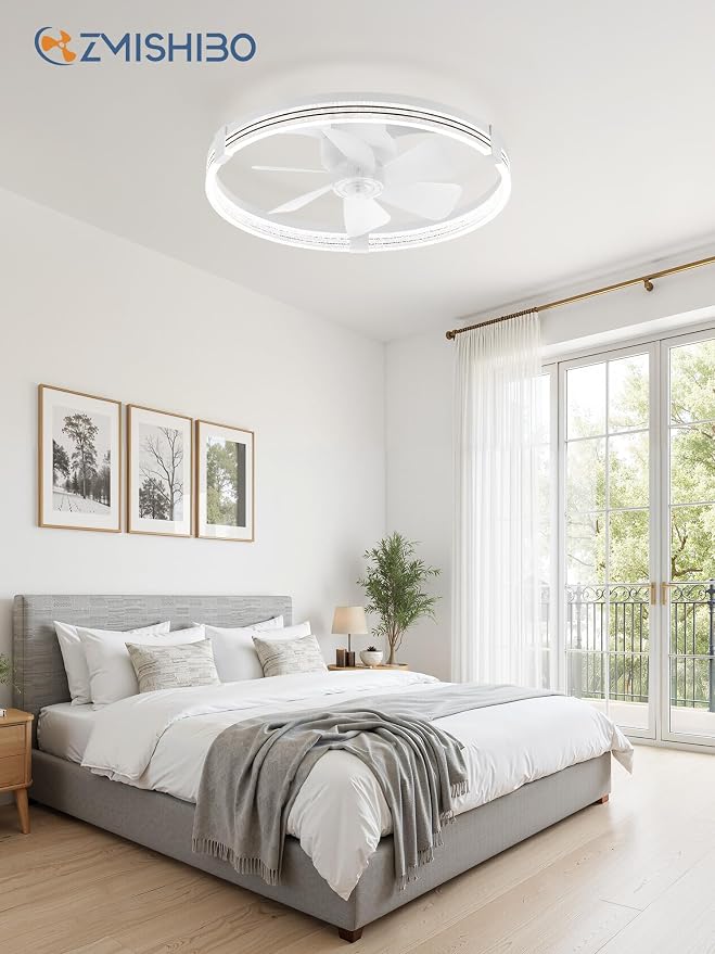 ZMISHIBO Ceiling Fan with Light and remote, 23'' Low Profile Ceiling Fans | Flush Mount Modern Ceiling Fan and Remote Control, 3000K-7000K Dimmable, Modern Fandelier for Bedroom, Living Room