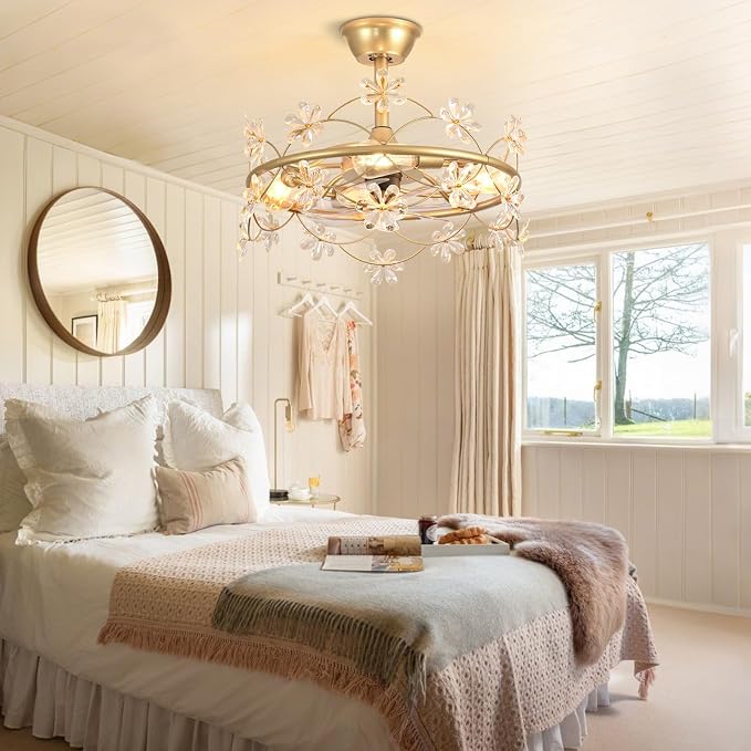 Depuley Bedroom Ceiling Fan with Lights: 20" Gold Chandelier Small Fan with Remote Control - Modern Flower Fandelier for Girl's Bedroom Living Room Kitchen