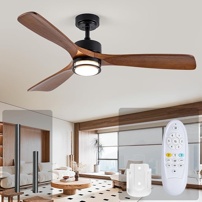 52” Outdoor Ceiling Fan with Light, 3 Walnut Solid Wood Blade, Remote Control, 3CCT Dimmable LED, Timer, 6-Speed Reversible Motor All-Weather Use for Living Room or Patio