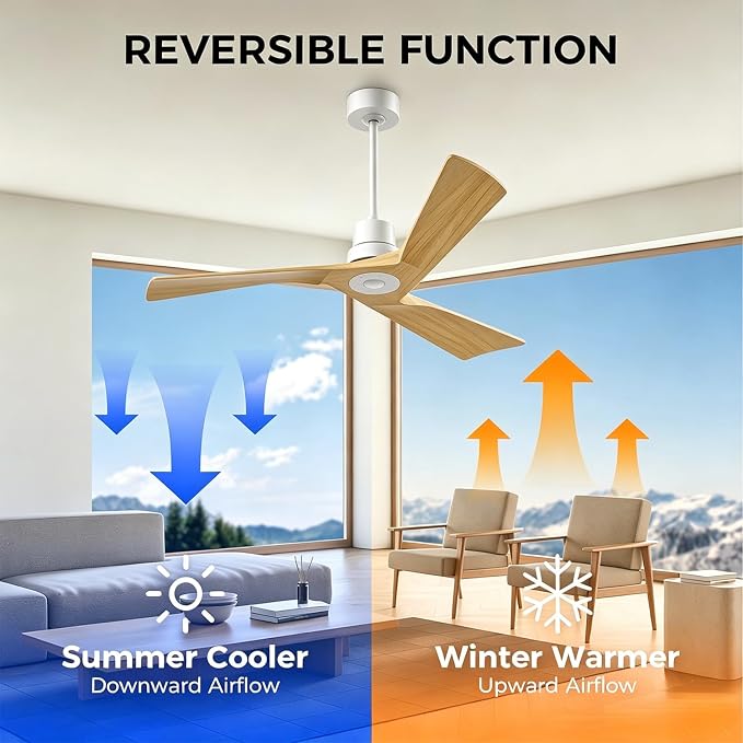 Obabala Ceiling Fan 52 Inch with Remote, Solid Wood Blades DC Motor 5000 CFM Quiet 35dB, Reversible 6 Speed Modern Farmhouse for Bedroom Living Room Indoor Outdoor, No Light with Downrod