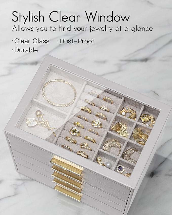 VLANDO 5 Layer Jewelry Box for Women, Glass Lid Jewelry Organizer with 5 Drawers for Necklaces Rings Earrings Bracelets - Grey