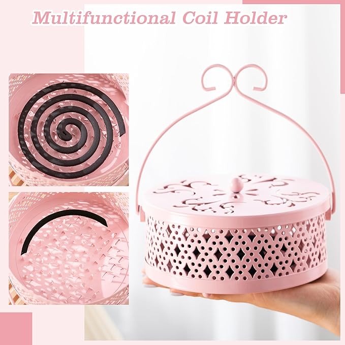 Lallisa Incense Coil Holder Sets, Round Metal Hanging Incense Burner with Handle and Lid, Portable Coil Burner Stand Container for Patio Camping Garden Home Indoor Outdoor Decor(Pink,2 Pcs)