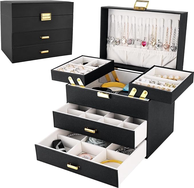 Dajasan Jewelry Organizer Box, Large Jewelry Boxes for Women Girls, Space-Saving 4 Layers Jewelry Storage Case with Drawer, Movable Metal Stand, Modern, Gift Idea (Black + Gold)