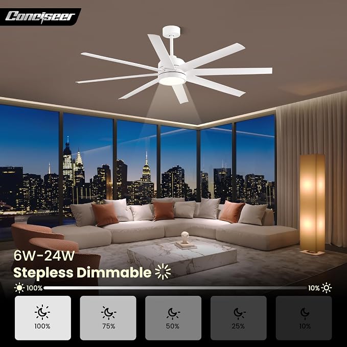 Conciseer 65 Inch Ceiling Fan with Light and Remote Control for Bedroom Living Room Kitchen Home Office, Indoor/Outdoor Use, 6CCT Dimmable, 8 Blades 6 Speed Reversible Quiet DC Motor, White