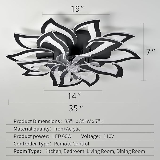 15Leaves-Black Flower Modern CeilingFans with Lights, Low Profile Ceiling Fan with Remote for Bedroom, Flush Mount Ceiling Fan with LED Dimmable Light,6-Speeds, Timing CeilingFan Light